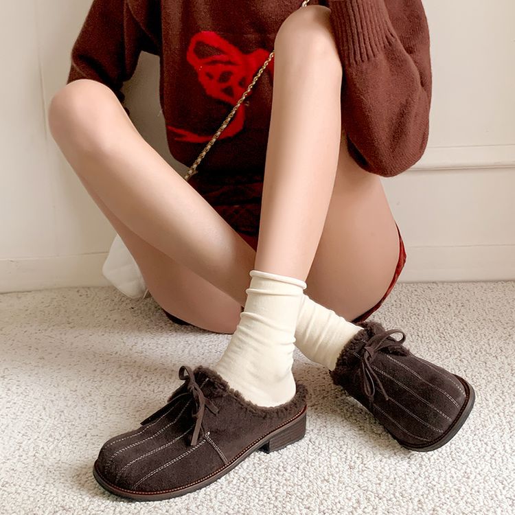 2024 winter new velvet warm bag head slippers women's fashion bow one pedal comfortable thick middle heel hair drag