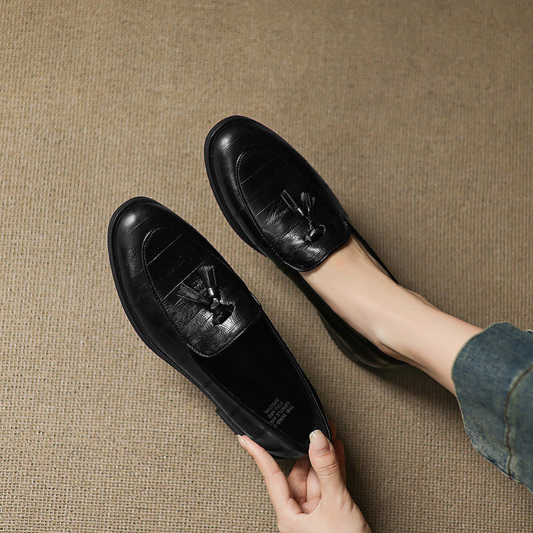 British style retro small leather shoes low-heeled loafers women's shoes 2025 autumn new fringed thick-heeled deep-mouth single shoes women