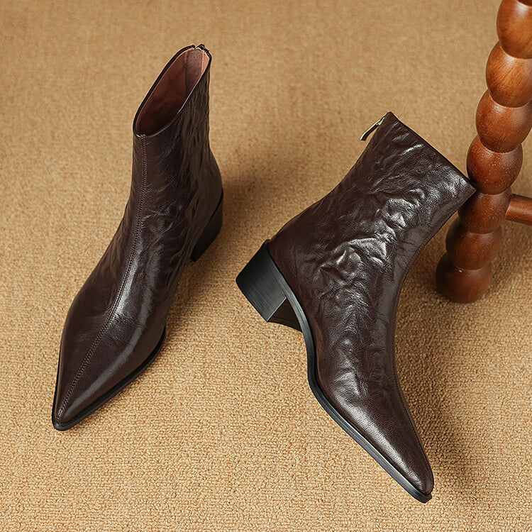 Fashion hand-grabbed sheepskin medium heel short boots women's boots 2025 autumn and winter new retro pointed rear zipper thick heel thin boots