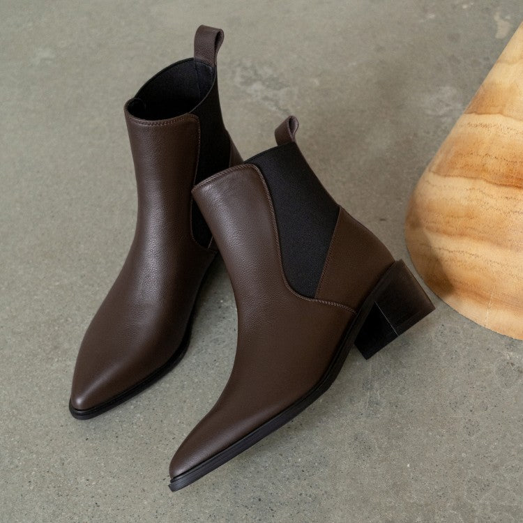 2024 new cowhide short boots brown pointed Chelsea boots women's thick heel medium heel British style short boots children's winter