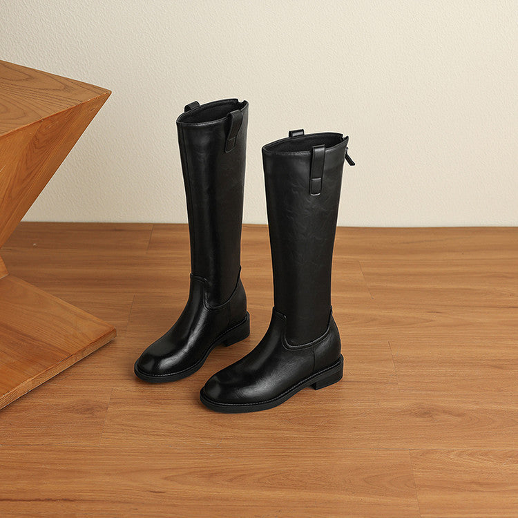 Tall tube and thin but knee boots women's boots 2025 autumn and winter new British style round head rear zipper thick heel knight boots