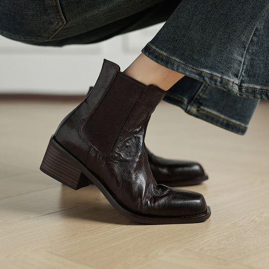 Retro pleated sheepskin thick heel small short boots women's boots 2025 autumn and winter new square head sleeve middle heel Chelsea boots women