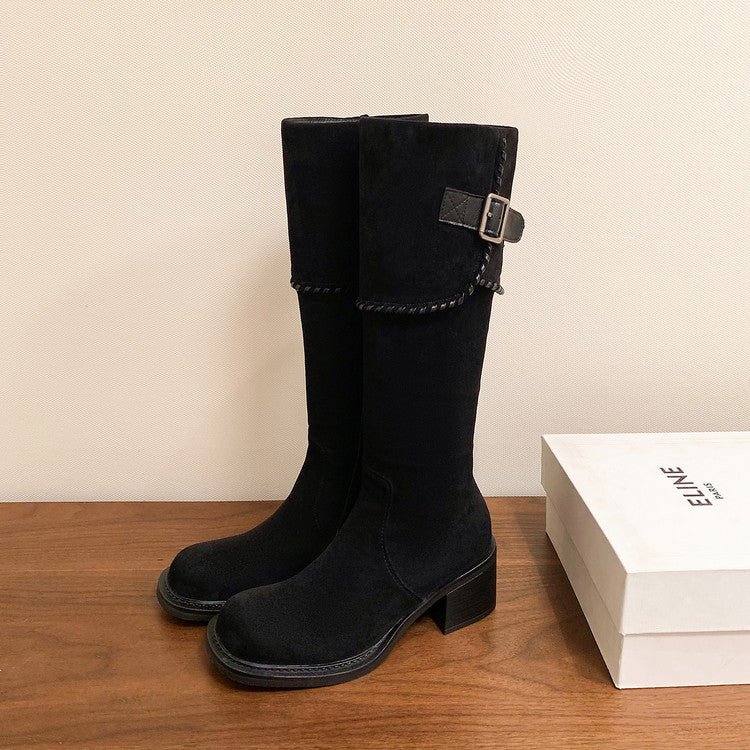 2025 autumn and winter new British round head fashion belt buckle high-heeled knight boots women's versatile side zipper thick-heeled boots