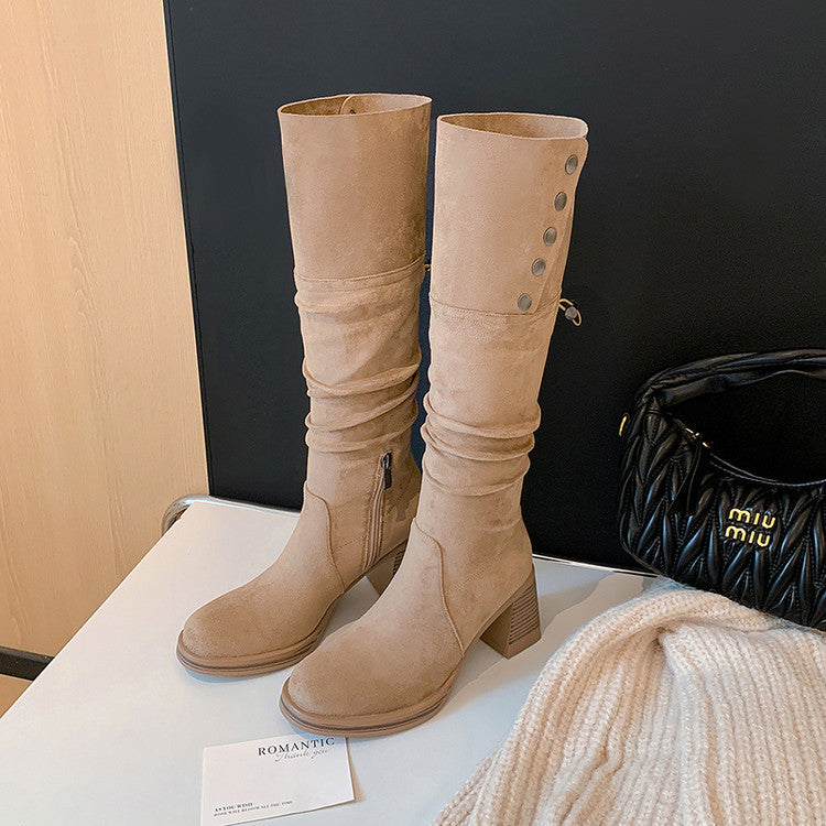 Trend metal buckle shows thin temperament high heel fashion boots women's 2025 autumn and winter new round head fashion pleated thick heel boots