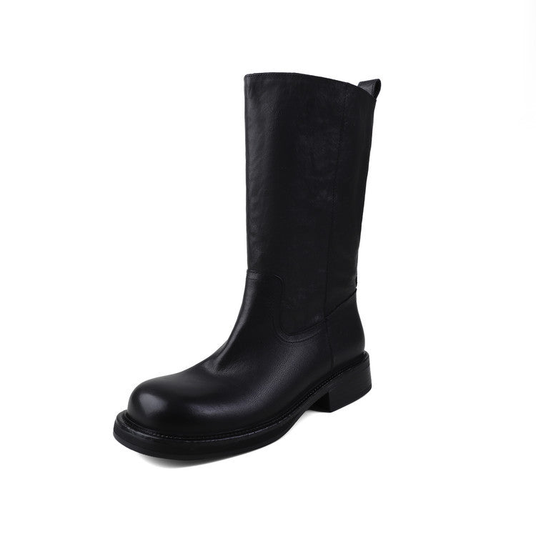 British retro textured cowhide square head thick heel medium boots 2025 autumn and winter new versatile medium heel fashion boots women