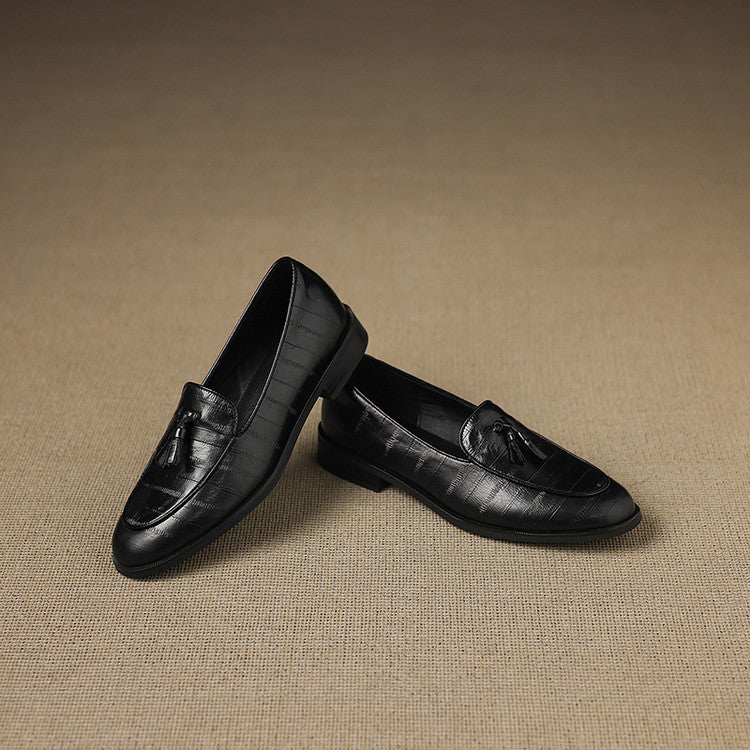 British style retro small leather shoes low-heeled loafers women's shoes 2025 autumn new fringed thick-heeled deep-mouth single shoes women