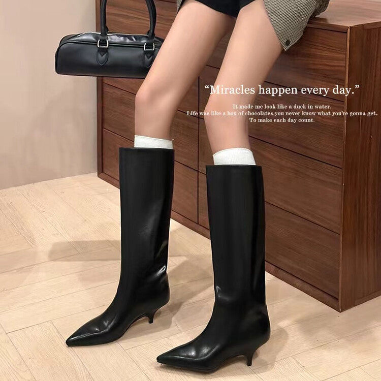 Elegant pointed head sexy but knee kitten and boots women's boots 2024 autumn and winter new fashion high tube medium heel fashion boots