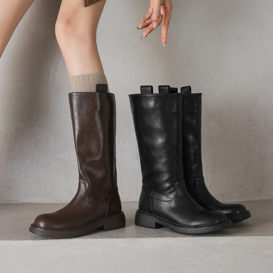 British style versatile thick heel knight boots women's 2025 autumn and winter new round head one pedal middle heel but knee long boots