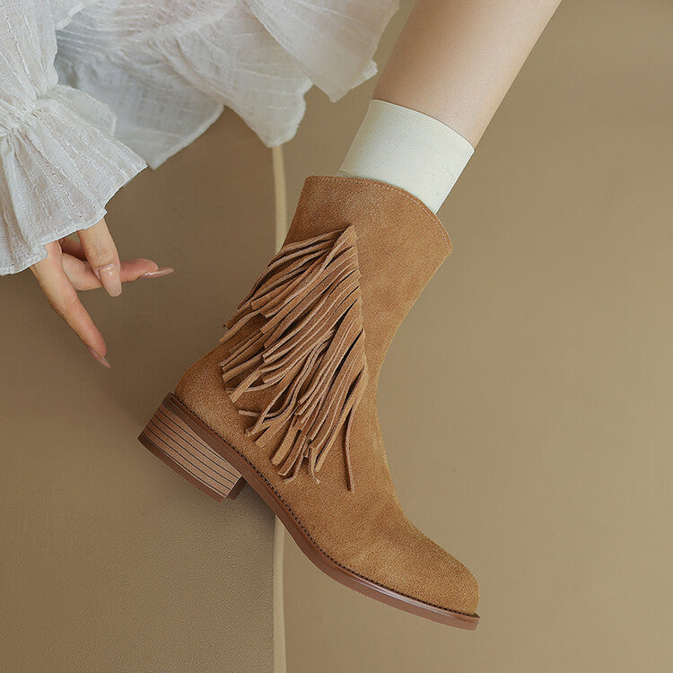 Cattle velvet large size side zipper thick heel fringed short boots women's 2024 autumn and winter new round head side zipper middle heel boots