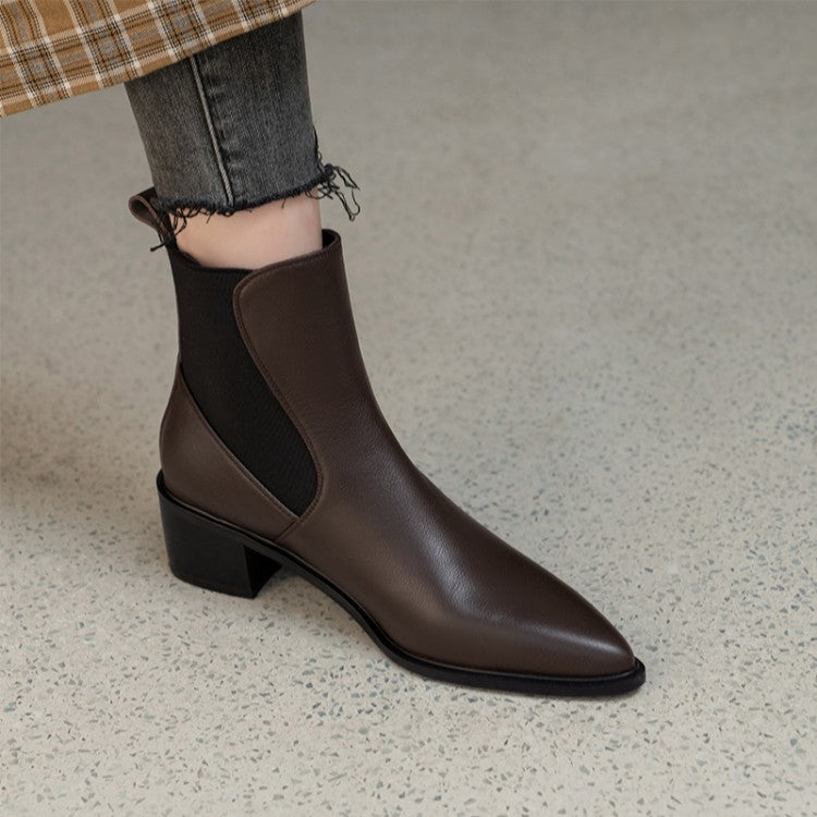 2024 new cowhide short boots brown pointed Chelsea boots women's thick heel medium heel British style short boots children's winter