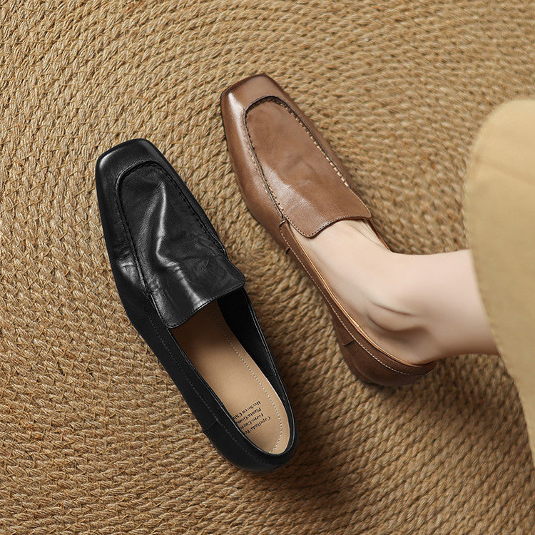 Retro cowhide square head low heel deep mouth loafers women's shoes 2025 autumn new one-pedal commuter thick heel single shoes