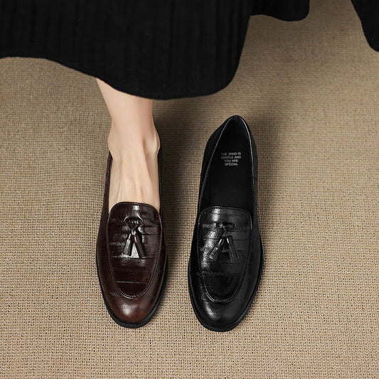 British style retro small leather shoes low-heeled loafers women's shoes 2025 autumn new fringed thick-heeled deep-mouth single shoes women