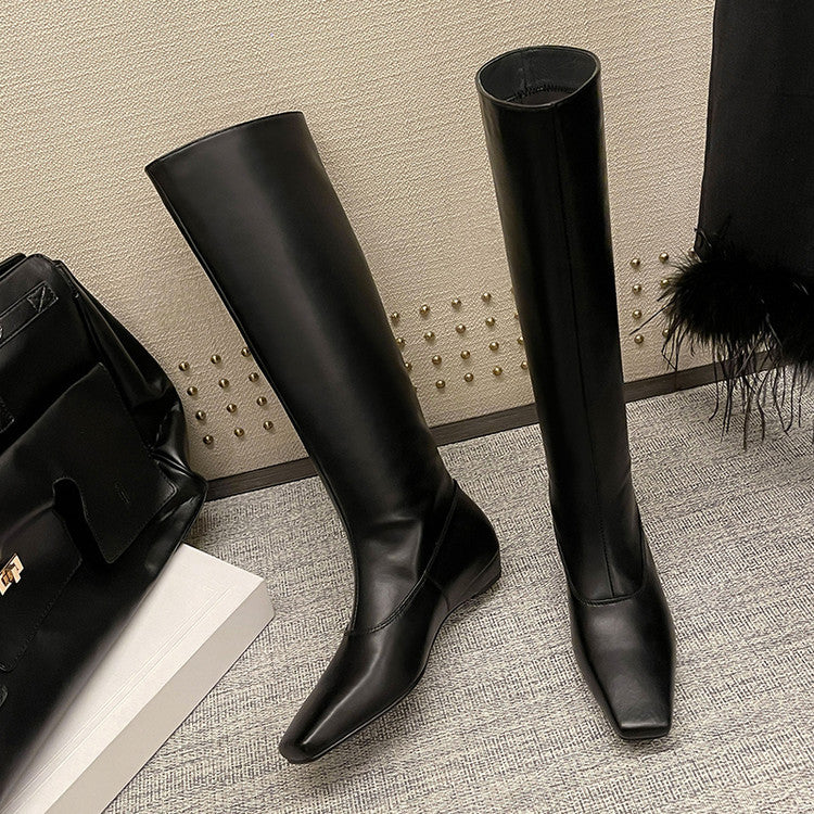 European and American style versatile low heel but knee boots women's 2025 autumn and winter square head one pedal sleeve fashion boots women's boots