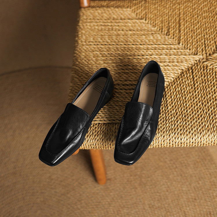 Retro cowhide square head low heel deep mouth loafers women's shoes 2025 autumn new one-pedal commuter thick heel single shoes