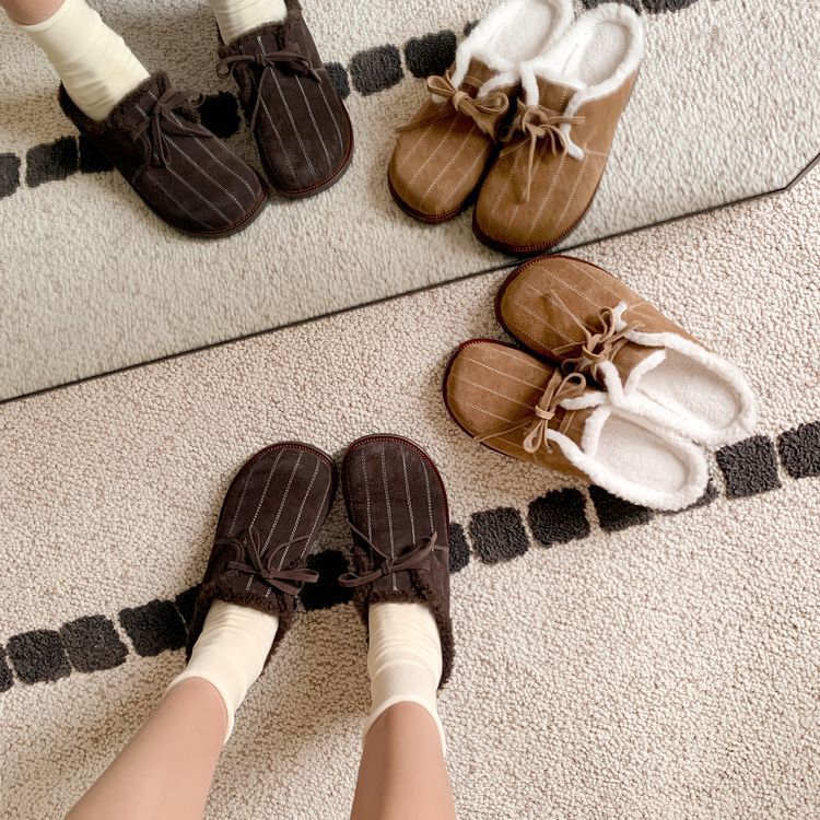 2024 winter new velvet warm bag head slippers women's fashion bow one pedal comfortable thick middle heel hair drag