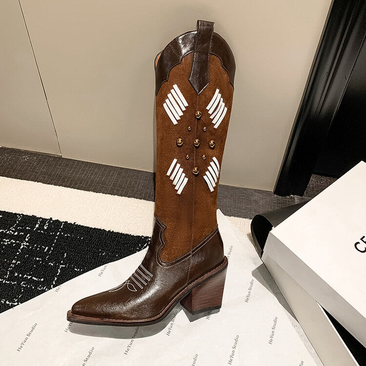 Trend versatile high-heeled splicing western boots women's boots 2025 autumn and winter new thick heel fashion rivet V-buckle boots women's