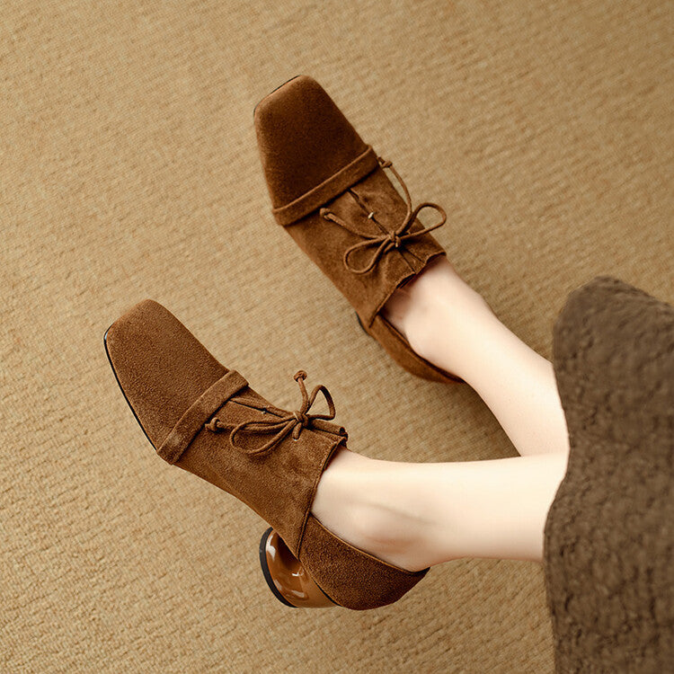 Retro style sheep flip thick heel large size women's single shoes 2024 autumn new square head commuting versatile lace-up special-shaped heel shoes