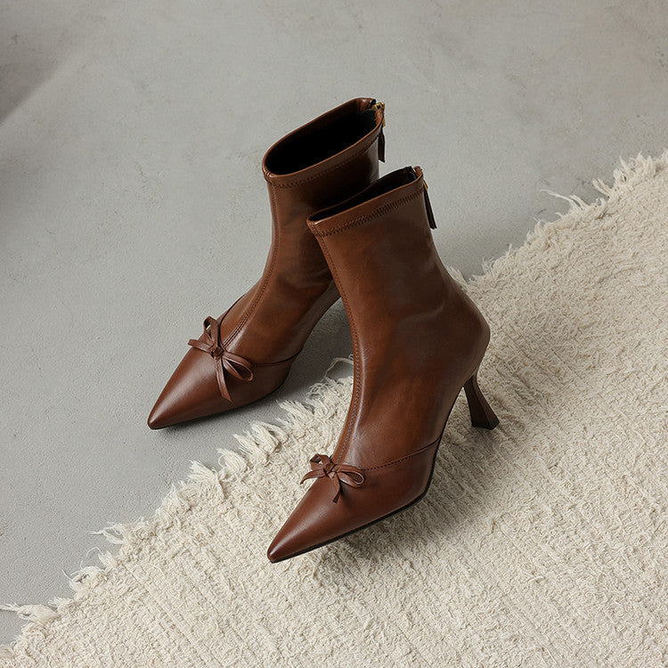 French elegant bow temperament high heel elastic thin boots women's boots 2025 autumn and winter new pointed thin heel short boots