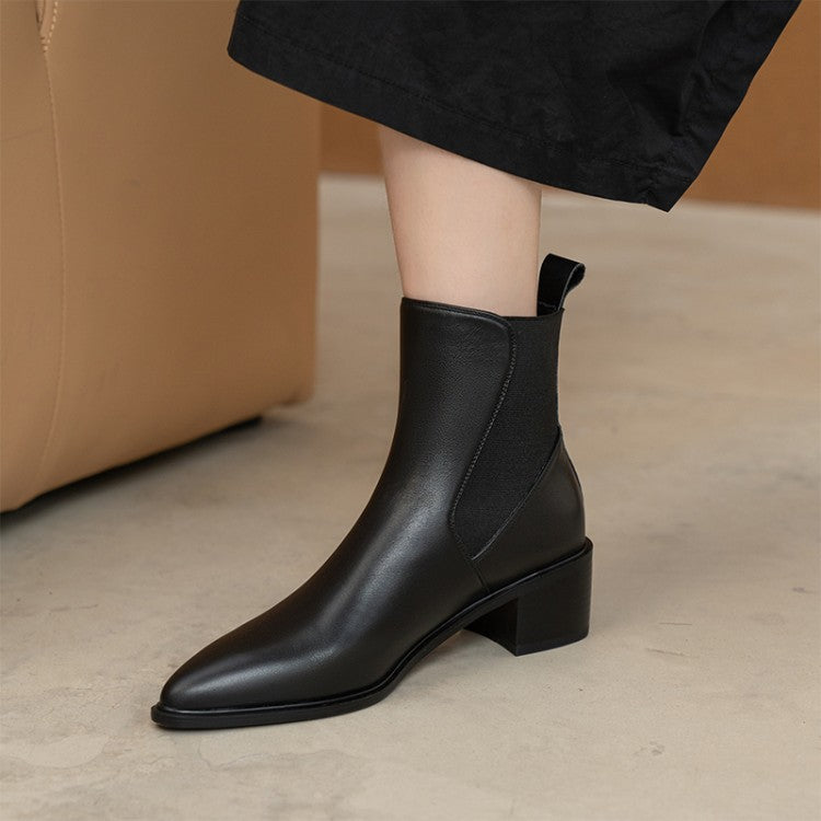 2024 new cowhide short boots brown pointed Chelsea boots women's thick heel medium heel British style short boots children's winter