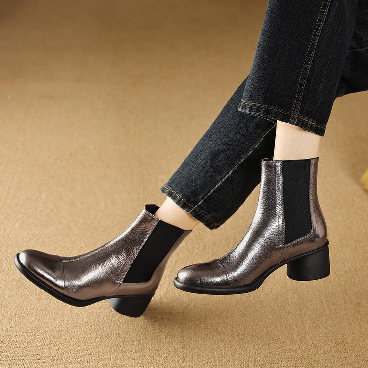 Soft sheepskin thick heel Chelsea boots women's boots 2025 autumn and winter new round head fashion splicing medium heel women's short boots