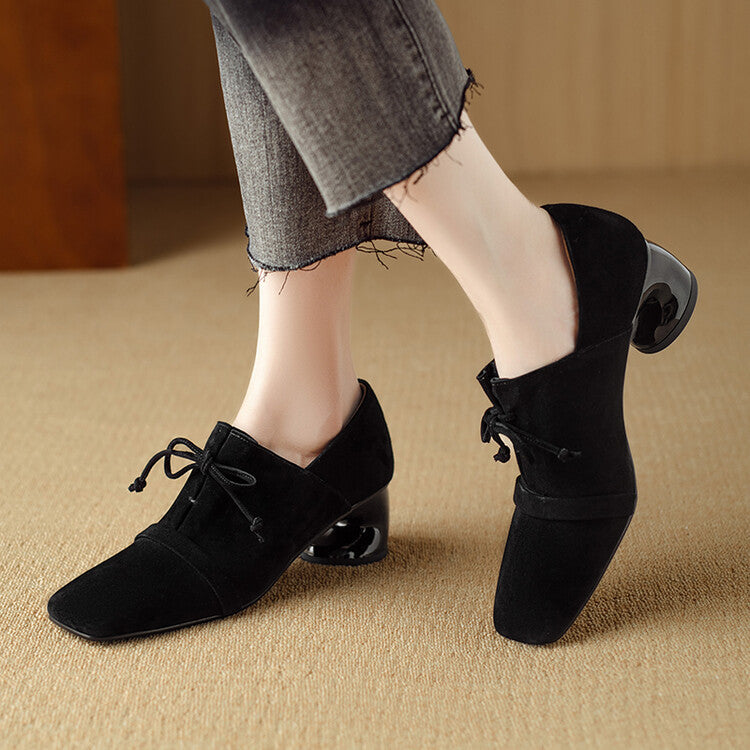 Retro style sheep flip thick heel large size women's single shoes 2024 autumn new square head commuting versatile lace-up special-shaped heel shoes
