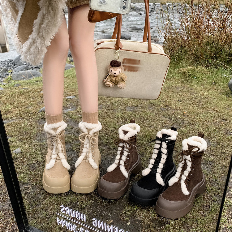 2025 winter new warm velvet snow boots women's boots fashionable splicing round head small thick sole lace-up short boots