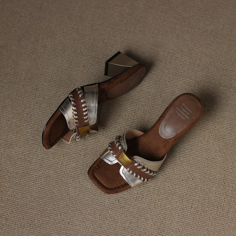 French fashion color matching thick heel outer slippers women's summer 2025 new metal square head open toe middle heel sandals