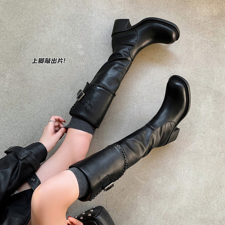 2025 autumn and winter new British round head fashion belt buckle high-heeled knight boots women's versatile side zipper thick-heeled boots