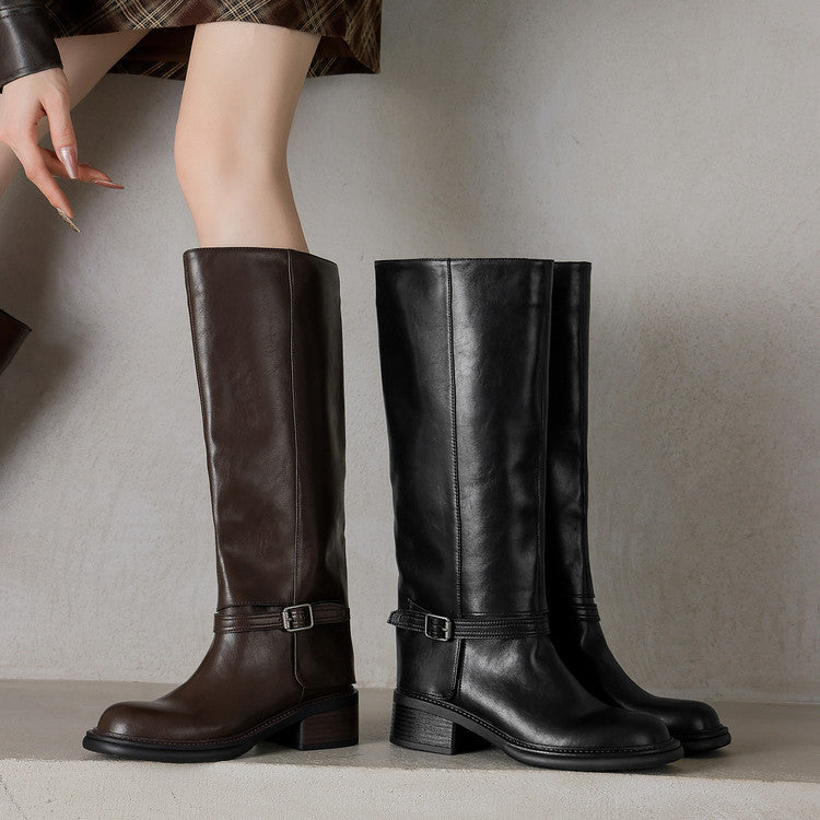 Temperament Versatile Belt Buckle Coarse Heel Tall Knight Boots Women's 2025 Autumn and Winter New Round Head Middle Heel Knee Boots
