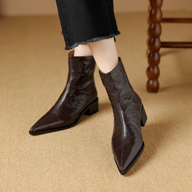 Fashion hand-grabbed sheepskin medium heel short boots women's boots 2025 autumn and winter new retro pointed rear zipper thick heel thin boots