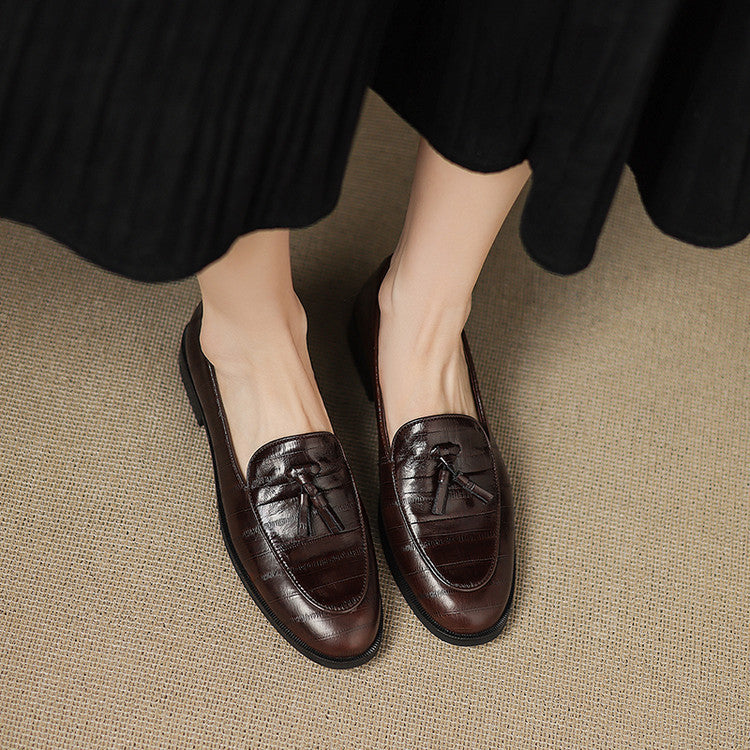 British style retro small leather shoes low-heeled loafers women's shoes 2025 autumn new fringed thick-heeled deep-mouth single shoes women