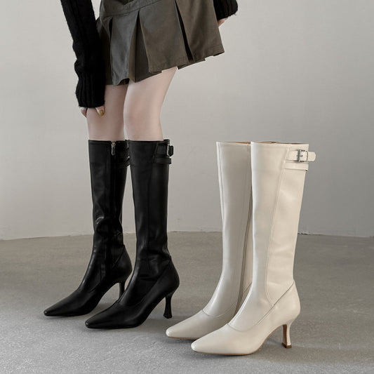 Skinny temperament, thin heels but knee boots for women's 2025 autumn and winter new elegant square head side zipper high heel fashion boots