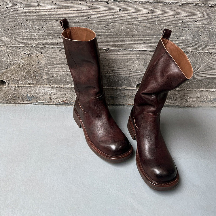 British retro textured cowhide square head thick heel medium boots 2025 autumn and winter new versatile medium heel fashion boots women