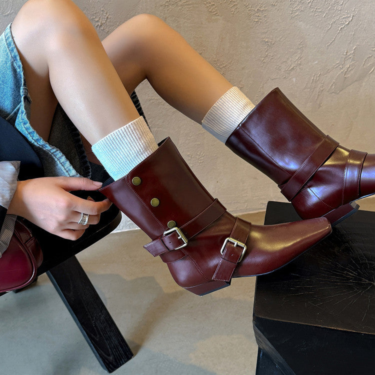 Fashion belt buckle knight boots low heel medium boots women's boots 2025 autumn and winter new square head thick heel fashion boots women