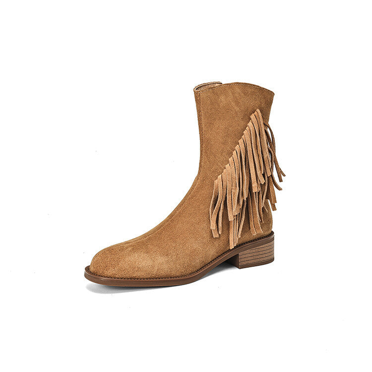 Cattle velvet large size side zipper thick heel fringed short boots women's 2024 autumn and winter new round head side zipper middle heel boots