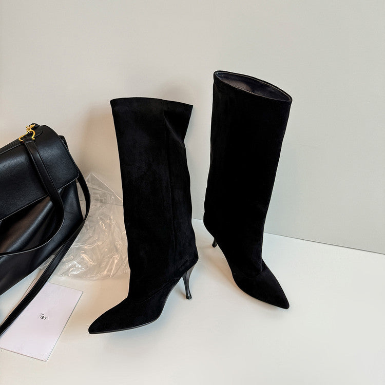 2025 autumn and winter new Spice Girl pointed high-heeled temperament boots women's European and American fashion sleeve sexy stiletto fashion boots