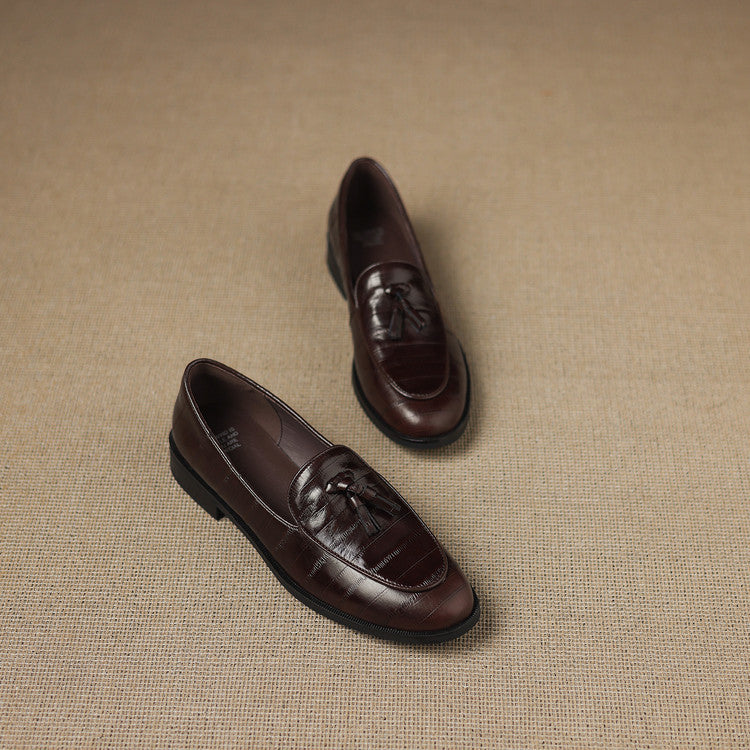 British style retro small leather shoes low-heeled loafers women's shoes 2025 autumn new fringed thick-heeled deep-mouth single shoes women