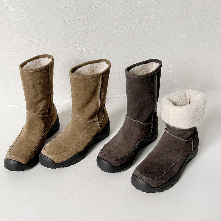 Warm velvet snow boots medium heel women's boots 2025 winter new retro cow flip leather round head thick sole medium boots