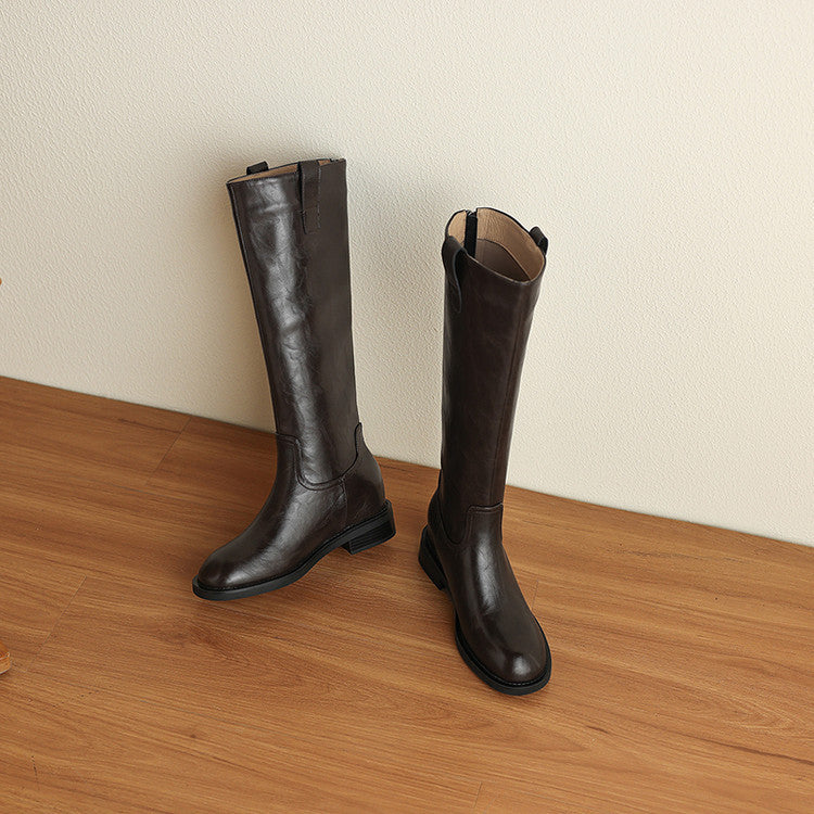 Tall tube and thin but knee boots women's boots 2025 autumn and winter new British style round head rear zipper thick heel knight boots