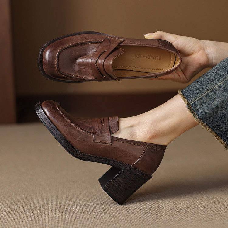 Retro full leather thick heel deep mouth casual loafers women's 2025 autumn new one-pedal high-heeled commuter shoes