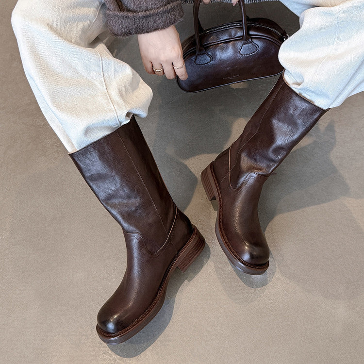 British retro textured cowhide square head thick heel medium boots 2025 autumn and winter new versatile medium heel fashion boots women