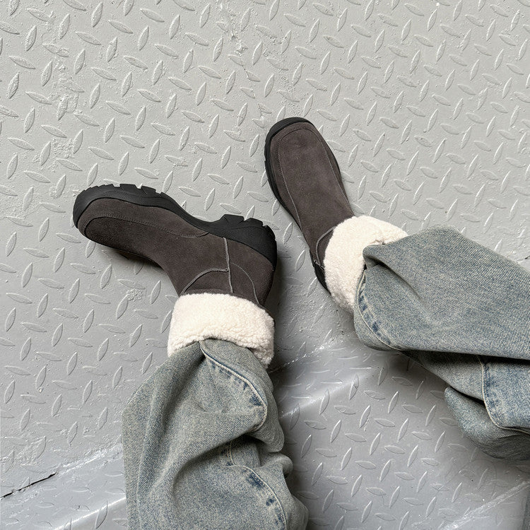 Warm velvet snow boots medium heel women's boots 2025 winter new retro cow flip leather round head thick sole medium boots