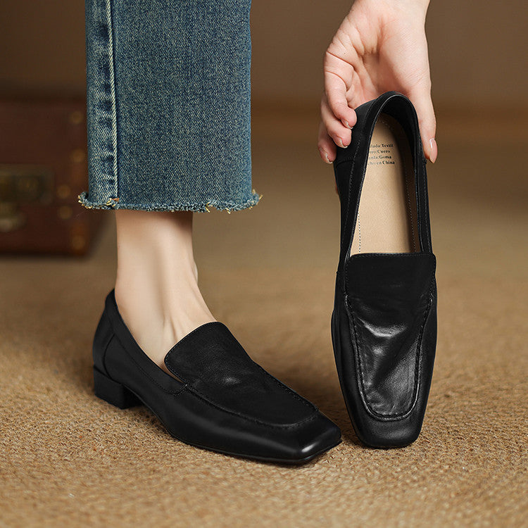 Retro cowhide square head low heel deep mouth loafers women's shoes 2025 autumn new one-pedal commuter thick heel single shoes