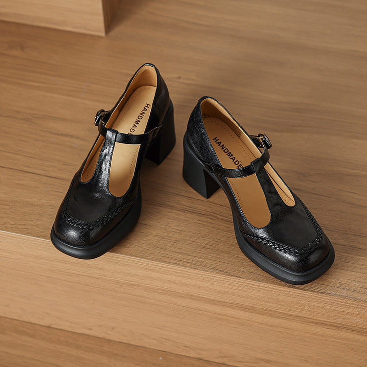 French woven hand-scratched sheepskin high heels 2025 autumn new fashion T-buckle with thick heel Mary Jane single shoes women
