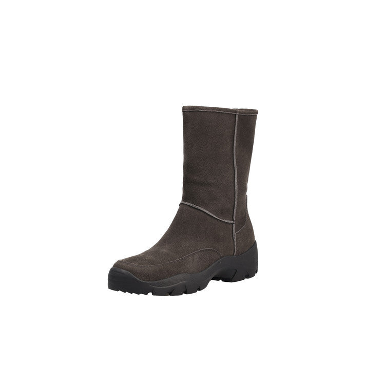 Warm velvet snow boots medium heel women's boots 2025 winter new retro cow flip leather round head thick sole medium boots