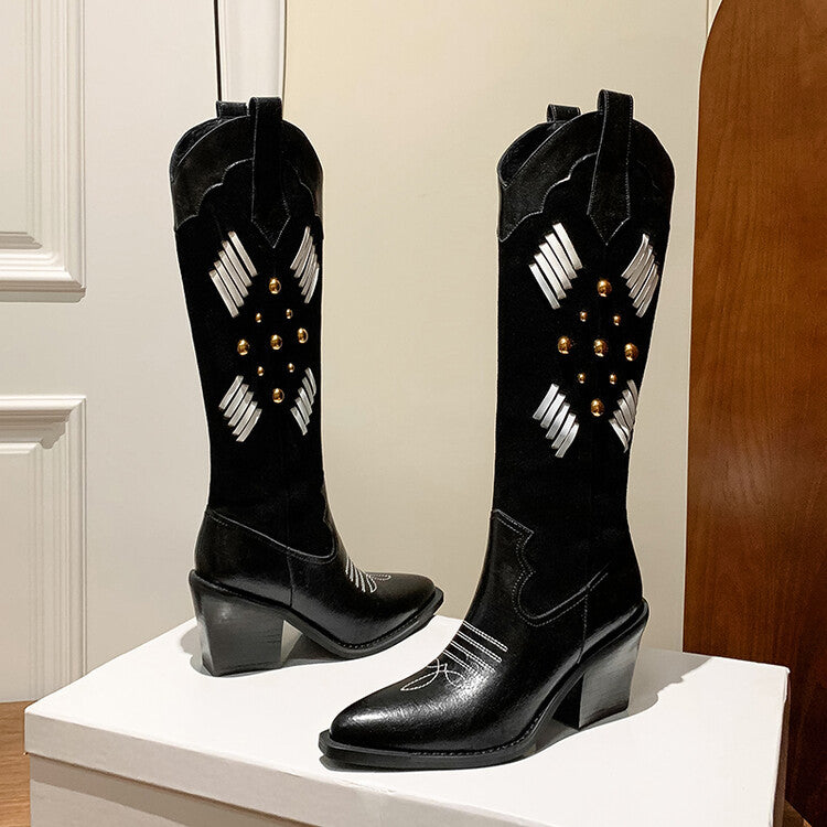 Trend versatile high-heeled splicing western boots women's boots 2025 autumn and winter new thick heel fashion rivet V-buckle boots women's