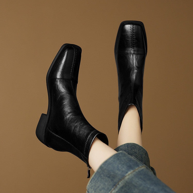 Retro style medium heel commuting comfortable small short boots women's 2025 autumn and winter new square head rear zipper thick heel fashion women's boots