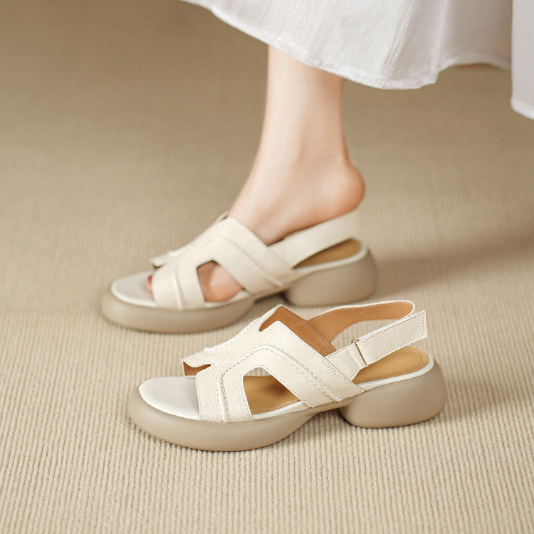 Thick-soled open-toed casual sandals women's 2025 summer new soft-faced sheepskin round head Velcro medium heel women's shoes size 40