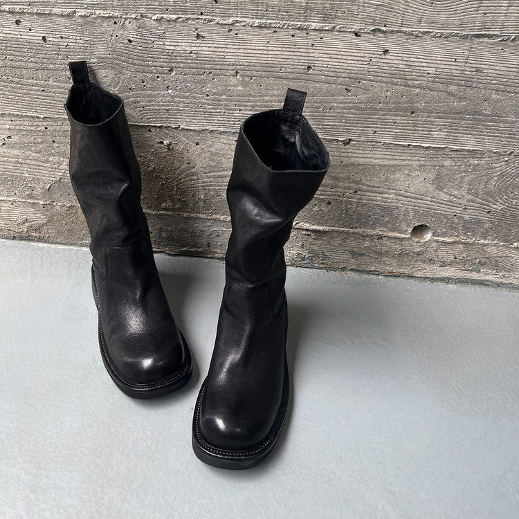 British retro textured cowhide square head thick heel medium boots 2025 autumn and winter new versatile medium heel fashion boots women