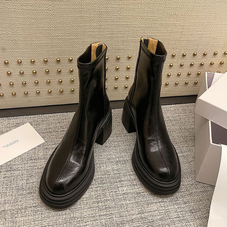 Small thick-soled versatile short boots women's 2025 autumn and winter new British round head rear zipper slim high-heeled elastic boots